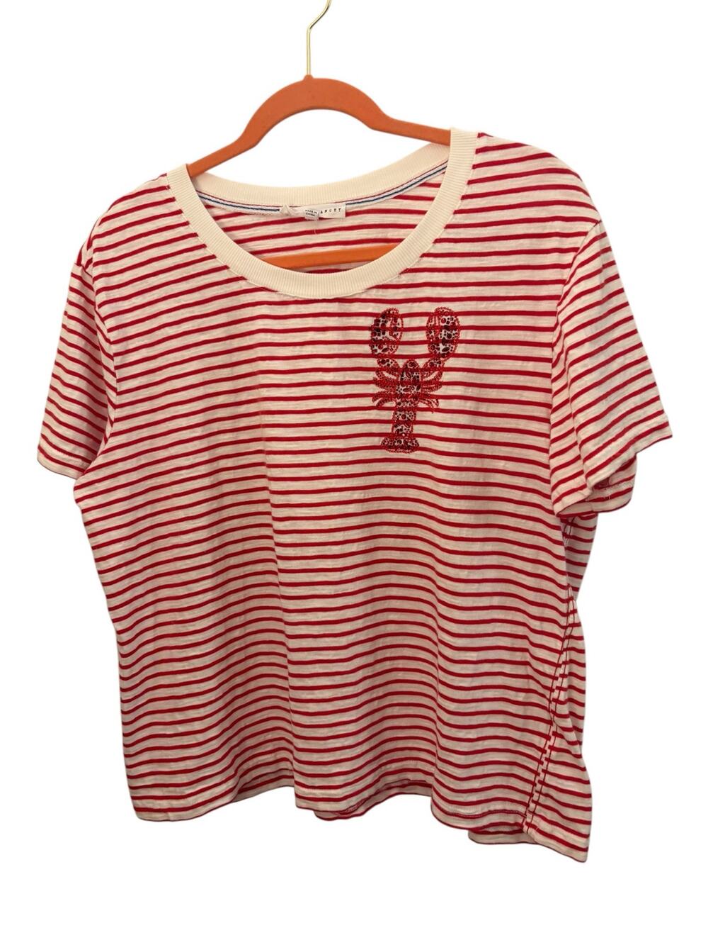 Jane & Delancey Red & White Style Cropped T-Shirt Cotton Sequin Lobster Nautical